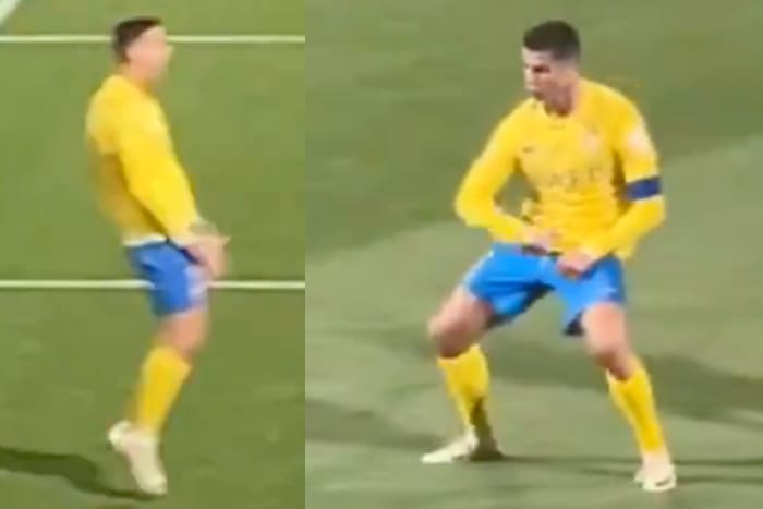 Cristiano Ronaldo pictured aiming offensive gestures towards Al-Shabab fans after Al Nassr's 3-2 win in the Saudi Pro League in February 2024